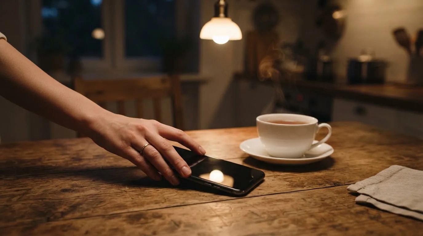 Een hand legt een smartphone naast een kopje thee op een keukentafel, een rustige avond