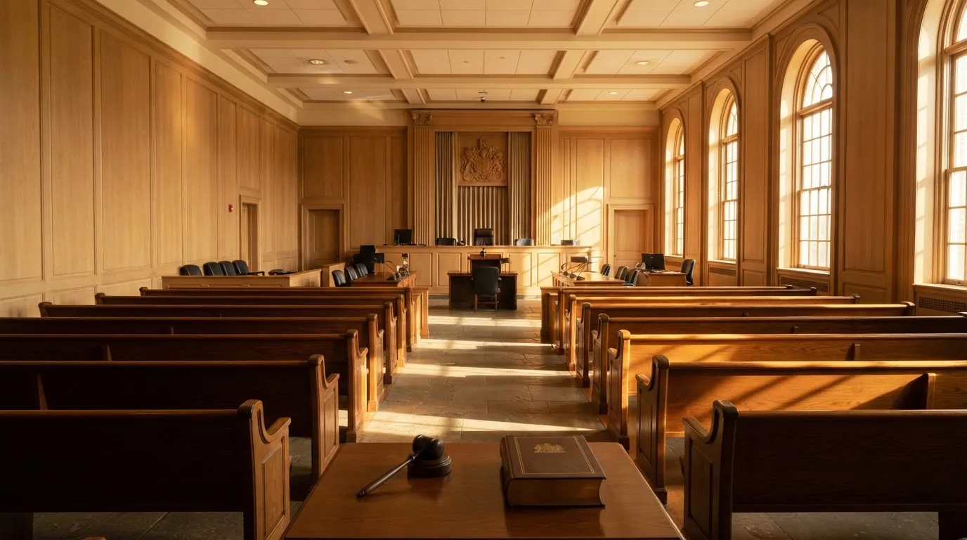 Een lege rechtszaal met houten banken in het ochtendlicht