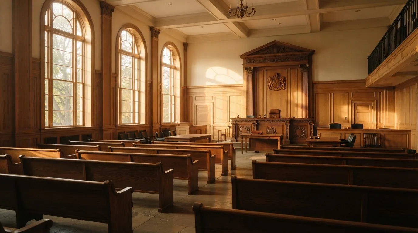 Een lege rechtszaal met houten banken in het ochtendlicht
