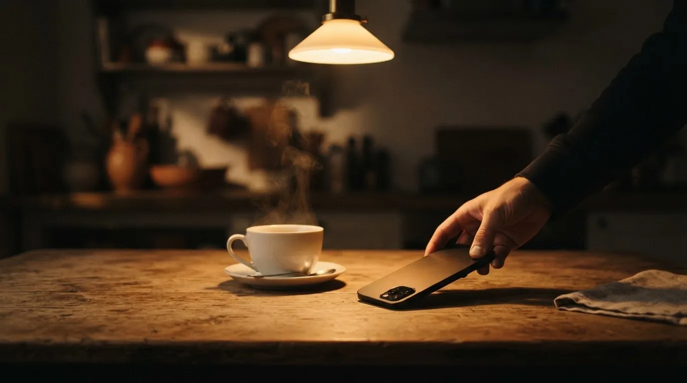 Een hand legt een smartphone naast een kopje thee op een keukentafel, een rustige avond